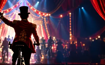 an AI image featuring a circus performer in an indoor cycling class